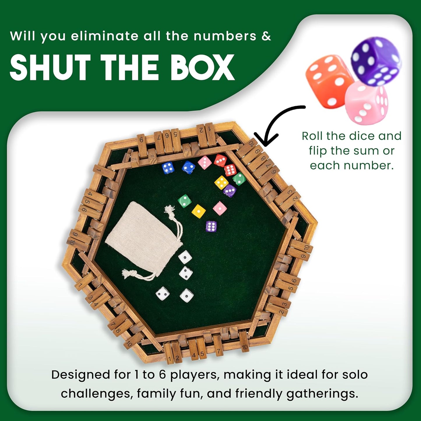 Sam & Evie 1-6 Player Shut The Box Game Wooden Close The Box Dice Game Board with Folding Tiles – Classic Family Table Game for Adults, Kids, Party, Travel, Classroom – 4 to 6 Person Play
