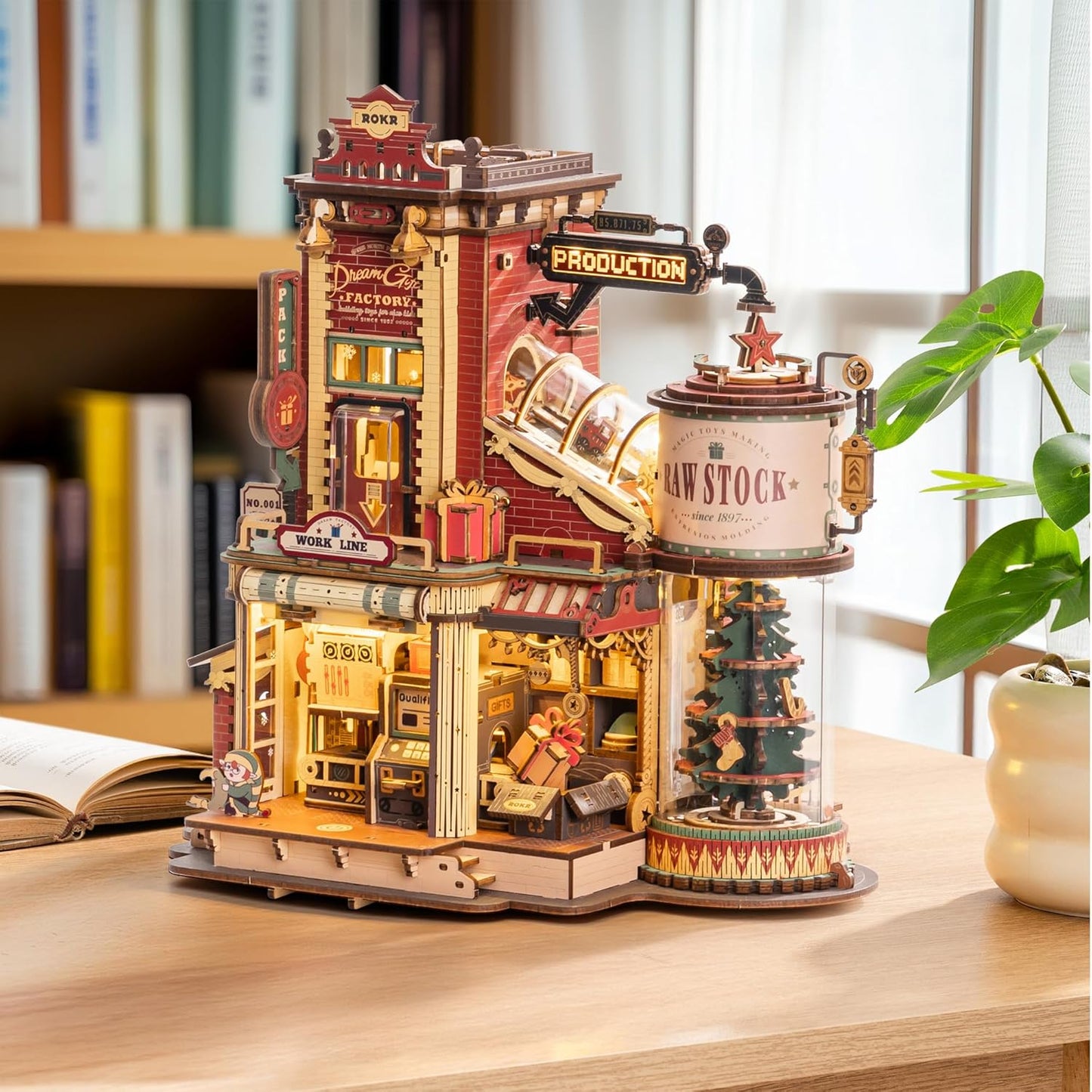 ROKR 3D Puzzle for Adults Christmas Style Dream Gift Factory Wooden Model Kit Luminous Factory DIY Dollhouse Kit Building with Music, Lights and 5 Elves for Teens & Kids