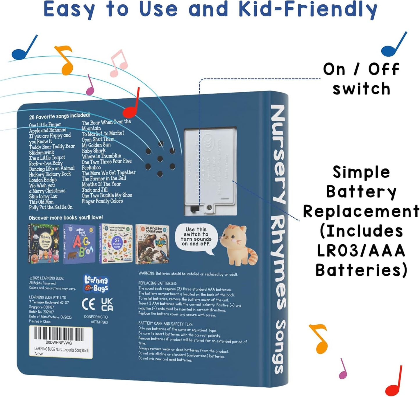 LEARNING BUGS Fun Favorite Nursery Rhymes – Sing Along with 28 Nursery Rhymes, Musical Books for Toddlers, 28-Button Music Book, Musical Toys for Toddlers 1-3