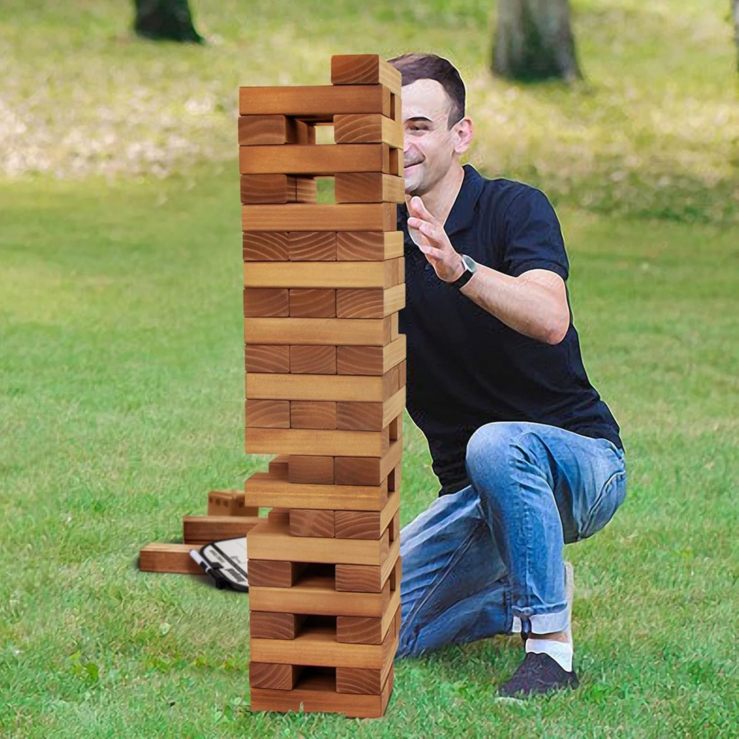 Juegoal 54 Pieces Giant Tumble Tower Blocks Game Giant Wood Stacking Game with 1 Dice Set, Gameboard, Canvas Bag for Adult, Kids, Family, Brown