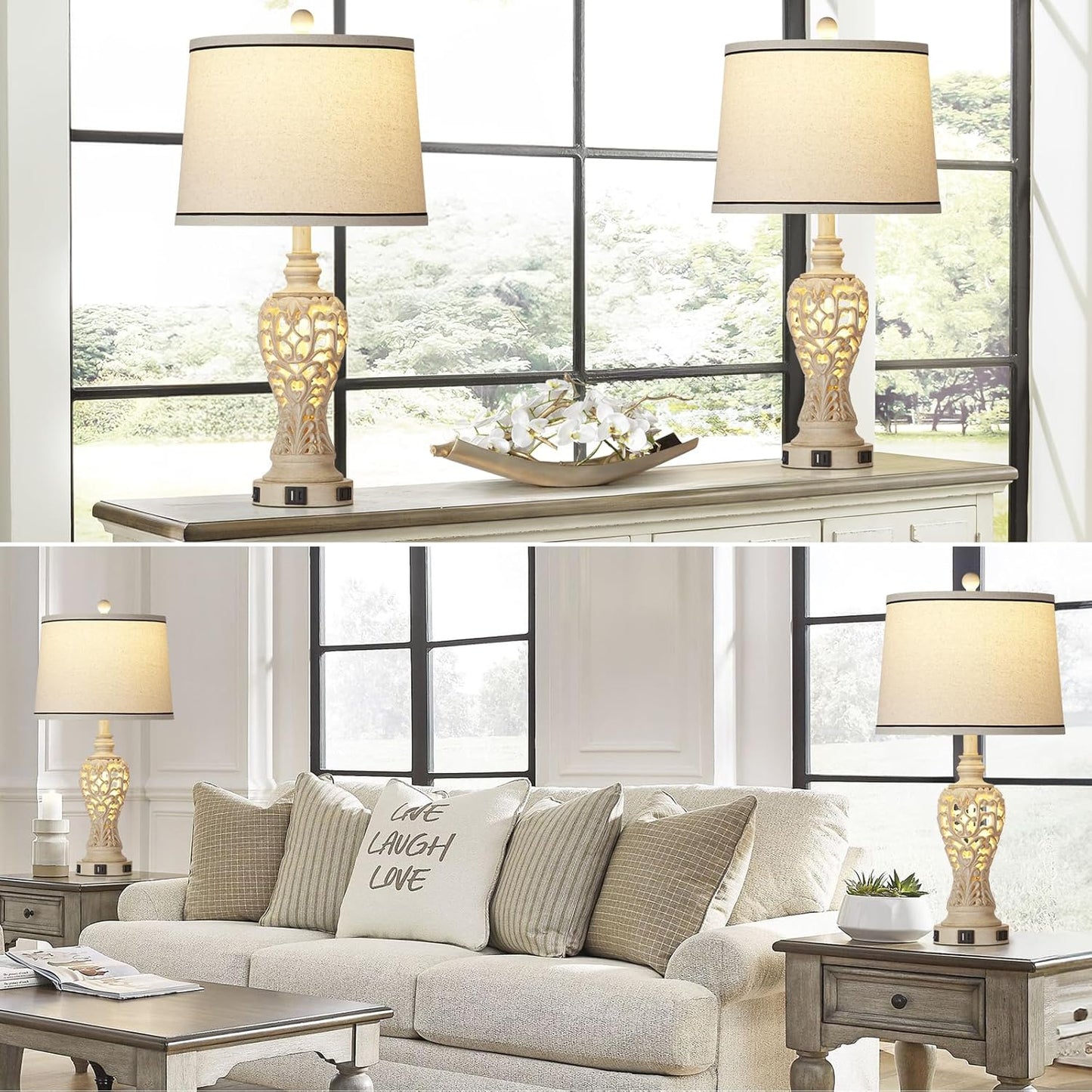 Table Lamps Set of 2, Farmhouse Table Lamps with Nightlight, Rustic Bedside Lamps with Dual USB & AC Outlet, 25.2'' Beige Vintage Nightstand Lamps for Bedroom Living Room, Bulbs Included