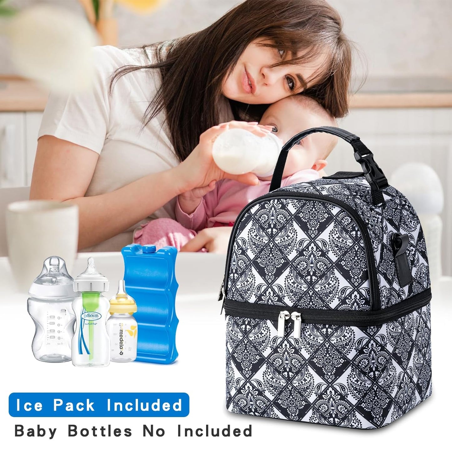 Breastmilk Cooler Bag with Ice Pack Fits 6 Baby Bottles up to 9 Ounce, Breast Milk Pump Cooler Bag with Shoulder Strap for Nursing Mom Daycare, Work, Travel- Black