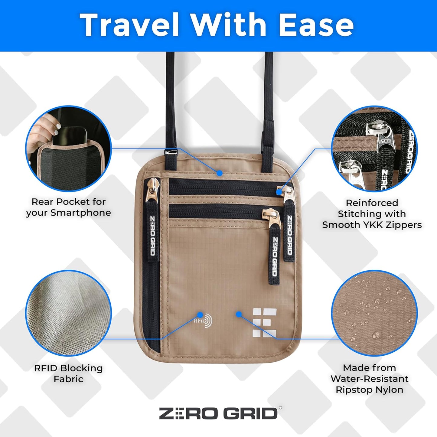 Neck Wallet for Travel & Passport Holder with RFID Blocking - Slim & Easy to Conceal Nylon Travel Pouch for men & women - Holds Phone, Cash, Cards, Keys - Sweat & Water Resistant - Large - Desert Sand