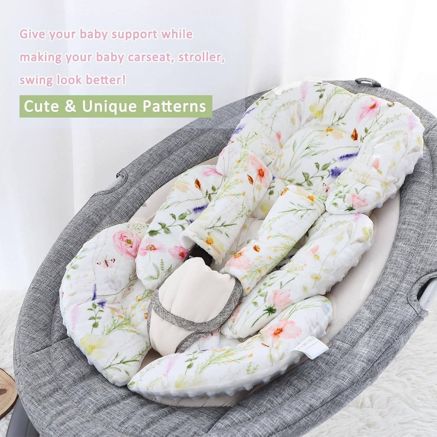 Infant Car Seat Insert, Car Seat Head Support Baby Girls Boys, Soft & Reversible Newborn Carseat Insert Cushion with 2 Strap Covers, for Stroller, Swing, Bouncer (White Wildflowers)