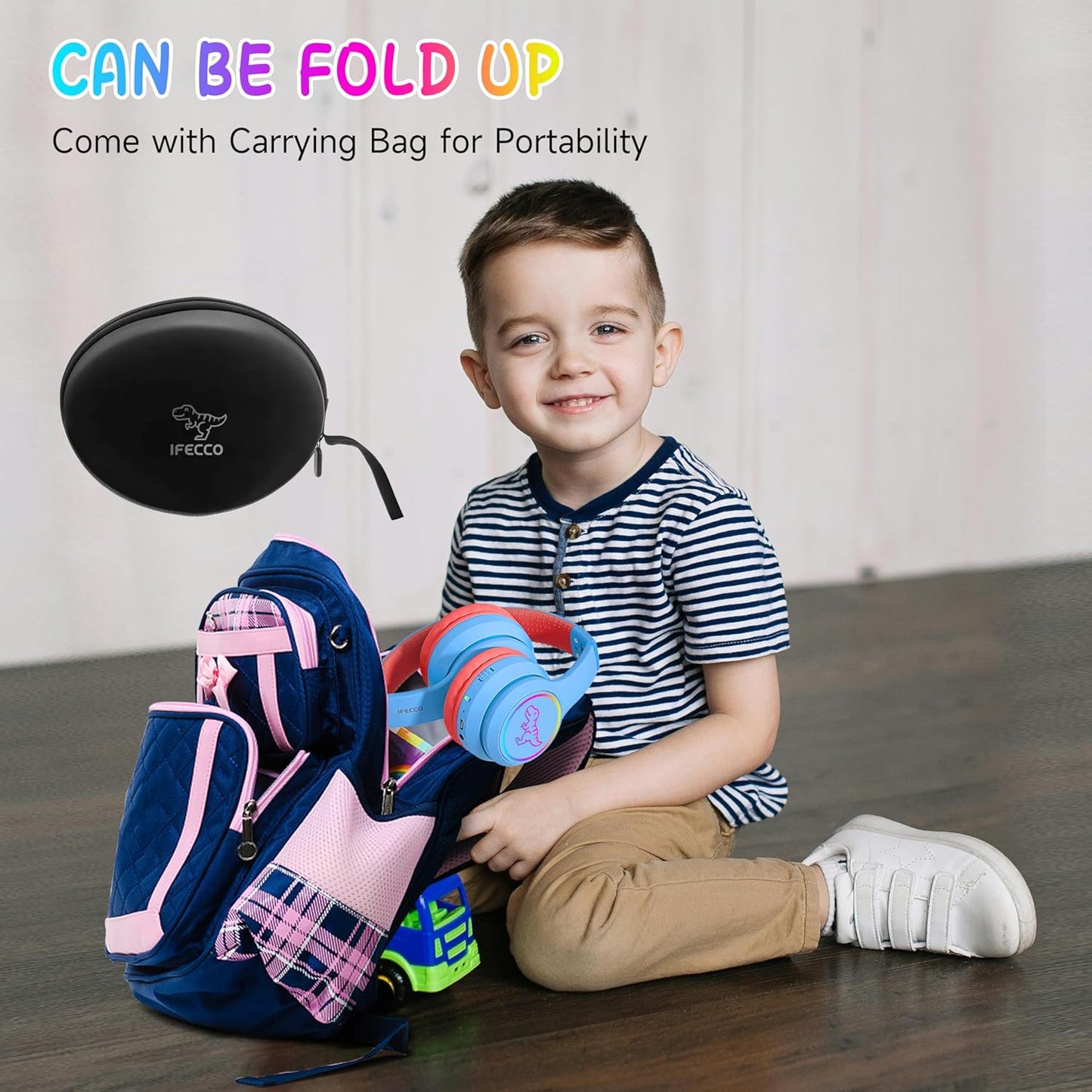 IFECCO Bluetooth Kids Boys Headphones with Microphone,Cute Light Up Dinosaur Children Wireless Headphones Volume-limiting for School Travel,Boys Gifts for 3-12years