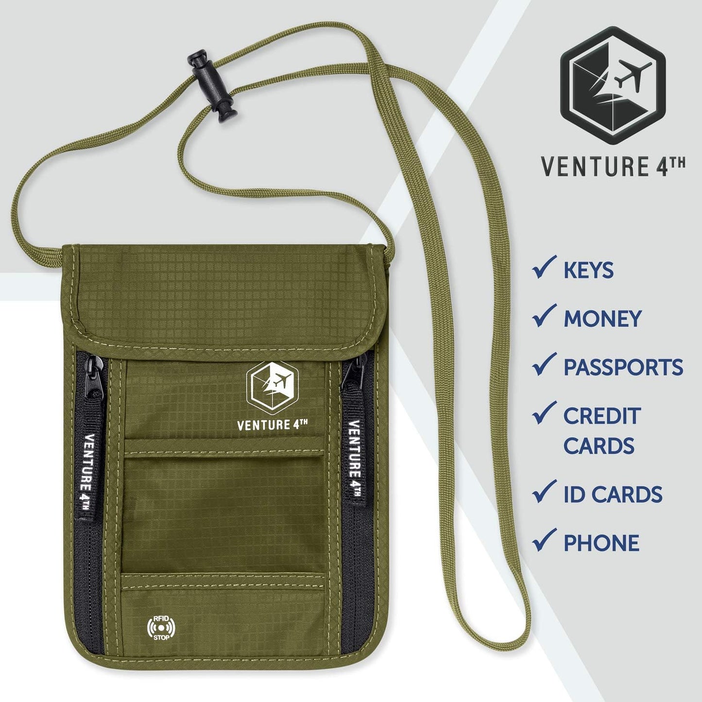 VENTURE 4TH Passport Holder Neck Wallet with RFID Blocking Nylon Lining - Hidden Neck Pouch for Travel (Green)