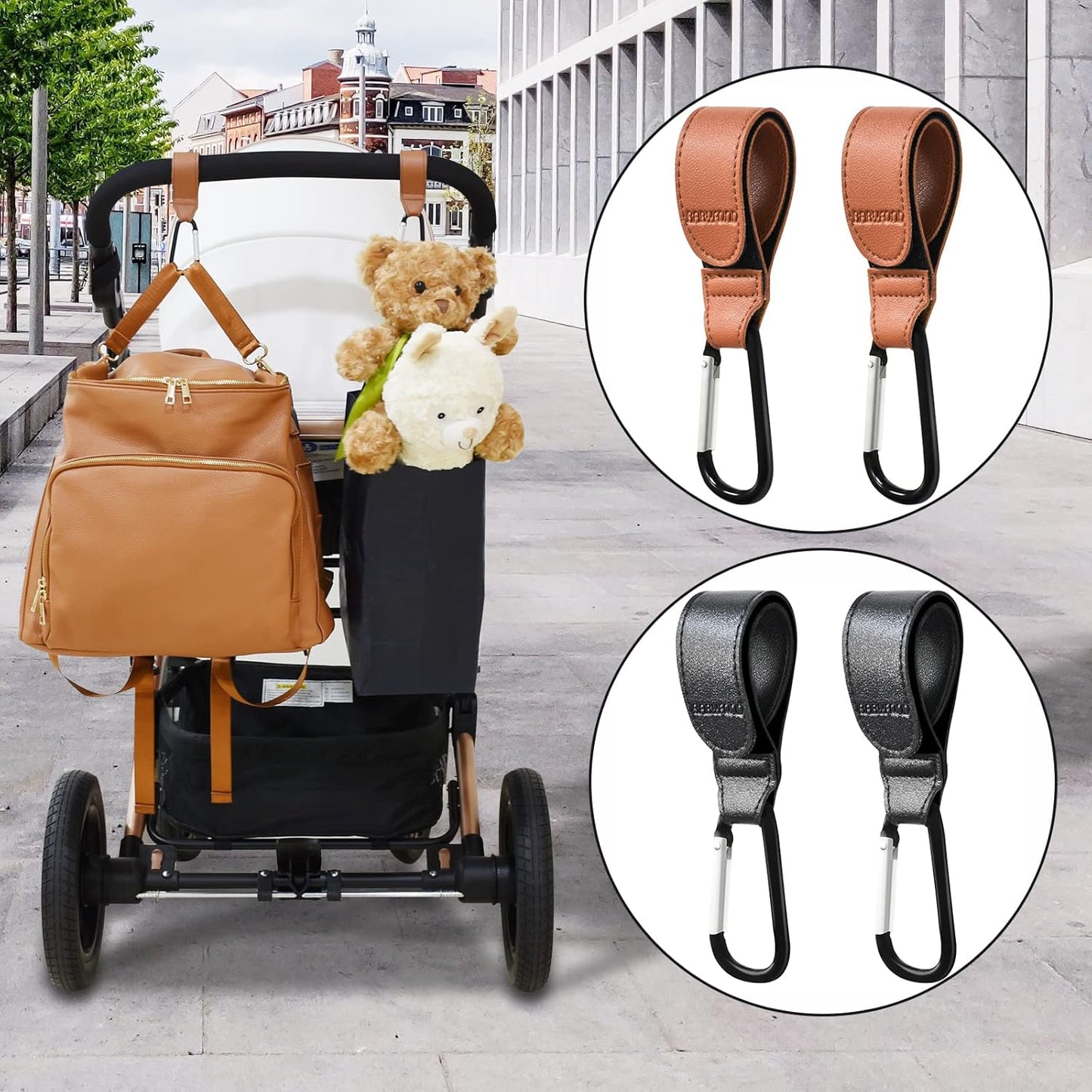 Stroller Hooks for Hanging, 2 PCS Durable Leather Style Stroller Clip Straps, Baby Stroller Hooks for Diaper Bags Grocery Shopping Bags, Mommy Hook for Stroller (Black)