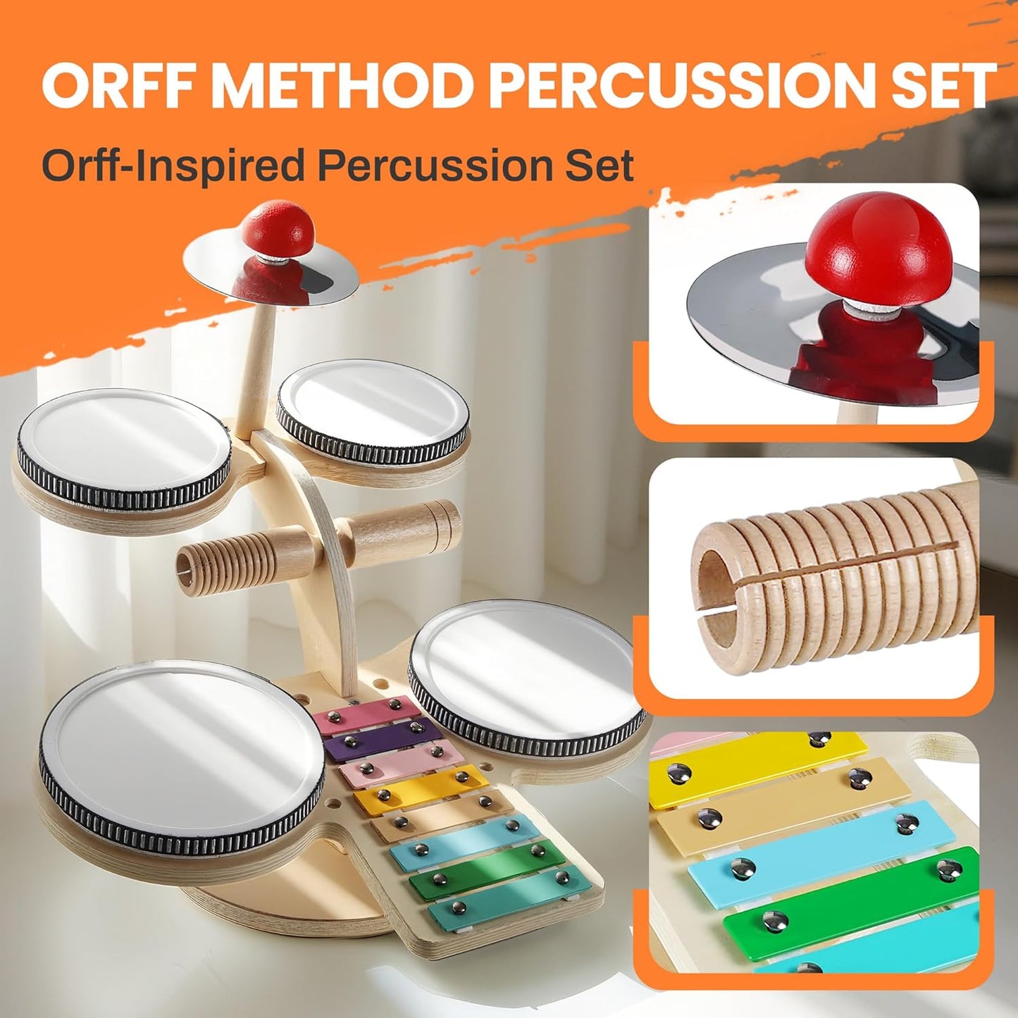 iPlay, iLearn Toddler Wooden Drum Set, Kids Musical Instruments Toy, 8 in 1 Percussion Drum Kit W/Xylophone Cymbal, Baby Montessori Learning Birthday Gifts for 18 Month, 2 3 4 5 6 Year Old Boy Girl