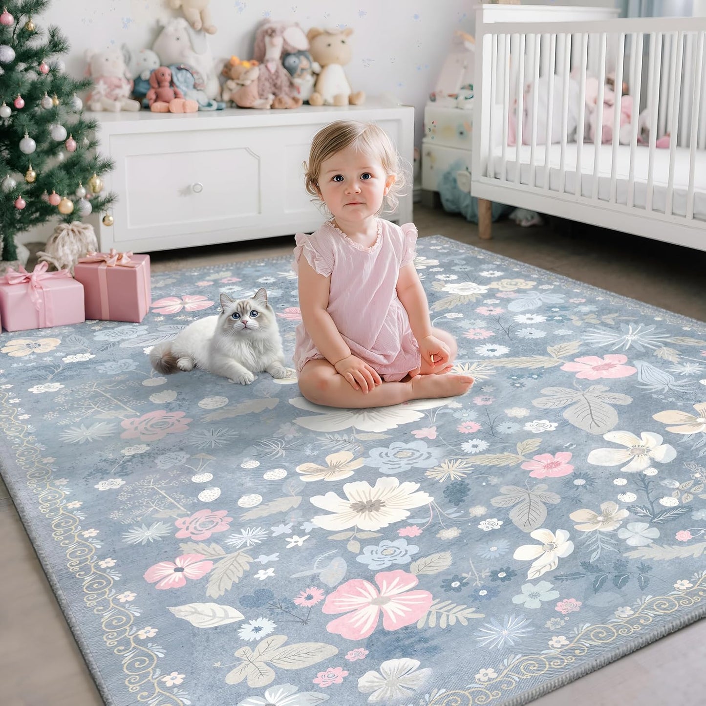 Kitchen Runner Rug 2x6 Washable Non Slip Soft Boho Floral Carpet Runner for Hallways Low Pile Thin Faux Fur Long Area Rug for Bedroom Entrance Patio Laundry Room Bathroom,Pastel Blue