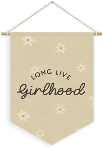 Girl Nursery Decor, Long Live Girlhood Linen Canvas Banner, Neutral Floral Wall by Unknown