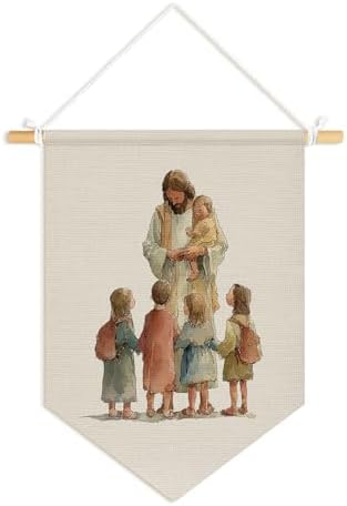 Playroom Decor, Jesus with Children Religious Scripture Wall Banners by Unknown