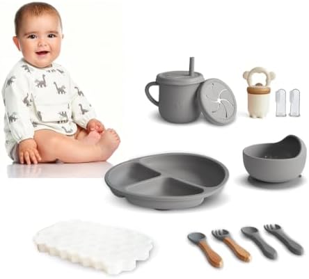 Silicone Baby Feeding Set, Divided Plate, Training Cup, Fruit Feeder & Freezer by Dormlony