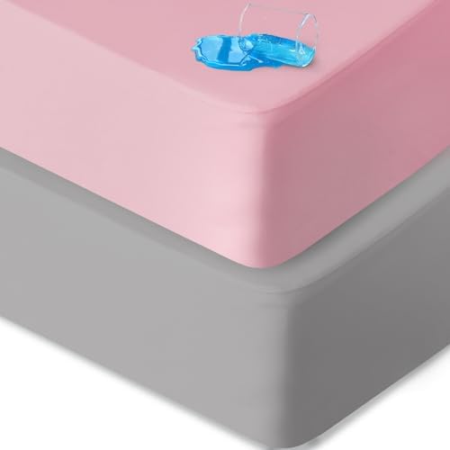 2 Pack Bassinet Sheets Fitted Waterproof Grey & Pink by Bilobanbabybedding