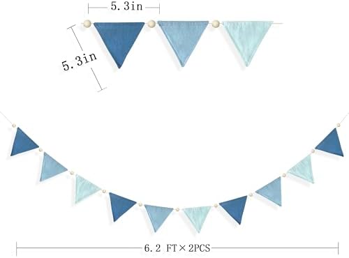 2 Sets of Blue Pennant Wooden Bead Banner Nursery Garland 20pcs Royal Linen - Image 2