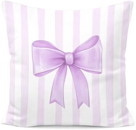 Lavender Bow Decorative Throw Pillow 18x18 Inch – Cute Blush Pink Striped by Unknown