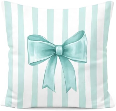 Aqua Bow Decorative Throw Pillow 18x18 Inch – Cute Blush Pink Striped Pillow by Unknown