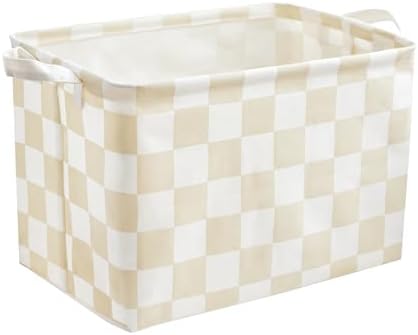 Ohocut Beige White Checkered Canvas Basket, Rectangular Organizing Decorative by Ohocut
