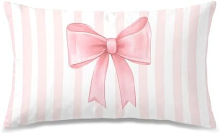 Coquette Pink Bow Pillow Covers 12x20, Coquette Room Decor, Preppy Pink Striped by Unknown