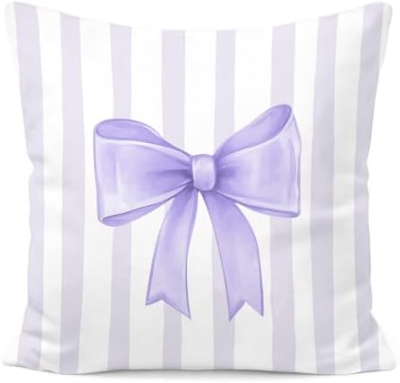 Lilac Bow Decorative Throw Pillow 18x18 Inch – Cute Blush Pink Striped Pillow by Unknown