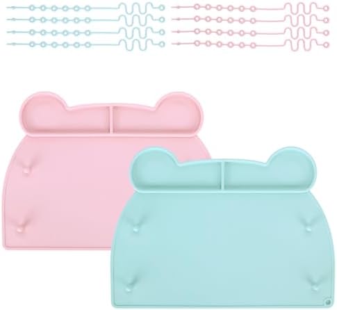 2 Pack Baby Silicone Mat，with Suction Base and 8 Stretchable Straps, Bear Food by TfruKiet