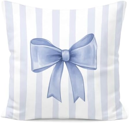 Blue Bow Decorative Throw Pillow 18x18 Inch – Cute Blush Pink Striped Pillow by Unknown