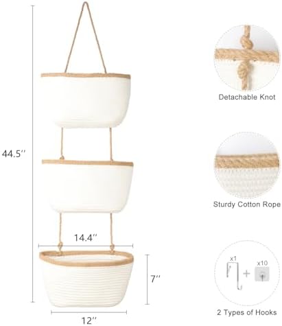TeoKJ Over the Door Hanging Basket, 3-Tier Woven Cotton Wall-Mounted Storage - Image 2