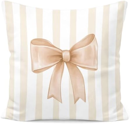 Beige Bow Decorative Throw Pillow 18x18 Inch – Cute Blush Pink Striped Pillow by Unknown