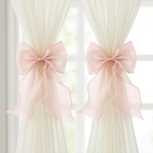 2 Pack French Lace Bow Curtain Tiebacks, Light Pink by GAJILON