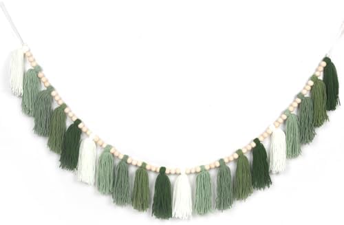 Green Boho Yarn Tassel Garland Sage Green Garland Wall Hanging Decor Forest by WelcometoTasuwat