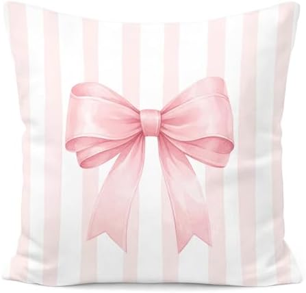 Coquette Pink Bow Striped Pillow Cover 18x18, Girly Ribbon Bow Decorative Throw by Unknown