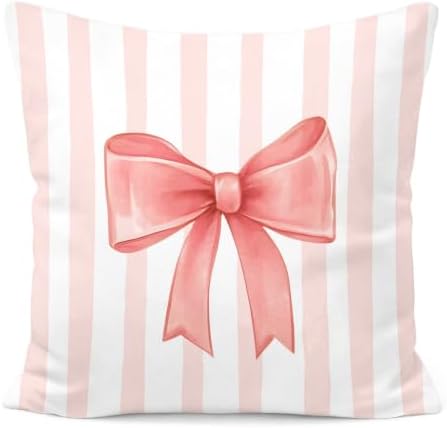 Coral Bow Decorative Throw Pillow 18x18 Inch – Cute Blush Pink Striped Pillow by Unknown