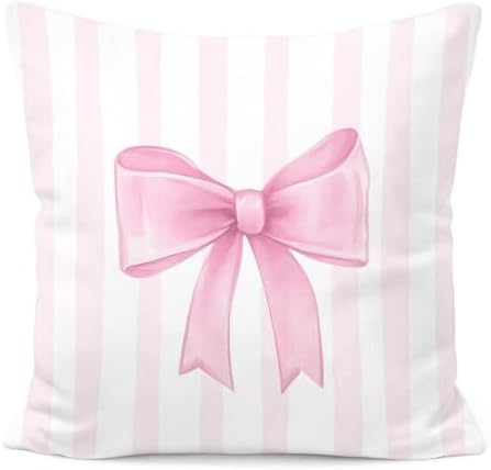 Blush Bow Decorative Throw Pillow 18x18 Inch – Cute Blush Pink Striped Pillow by Unknown