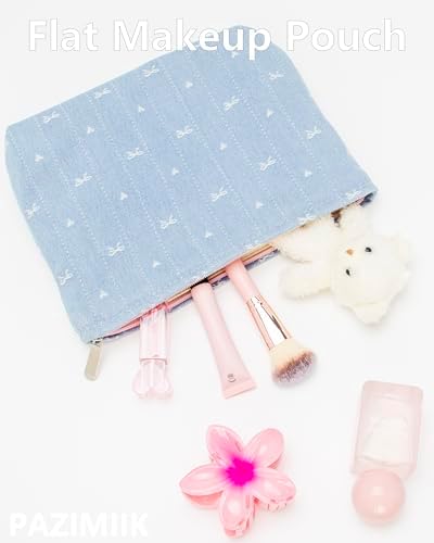 Flat Makeup Bag for Women, Zipper Cosmetic Pouch for Purse, Jean Light - Image 5