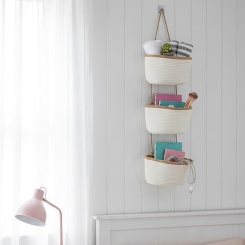 TeoKJ Over the Door Hanging Basket, 3-Tier Woven Cotton Wall-Mounted Storage - Image 5