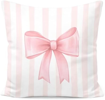 Pink Bow Decorative Throw Pillow 18x18 Inch – Cute Blush Pink Striped Pillow by Unknown
