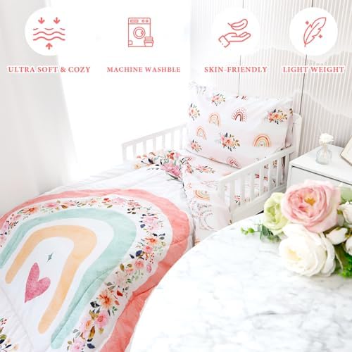 Toddler Bedding Sets for Girls, Rainbow Toddler Crib Bedding Set 4 Piece Pink - Image 5