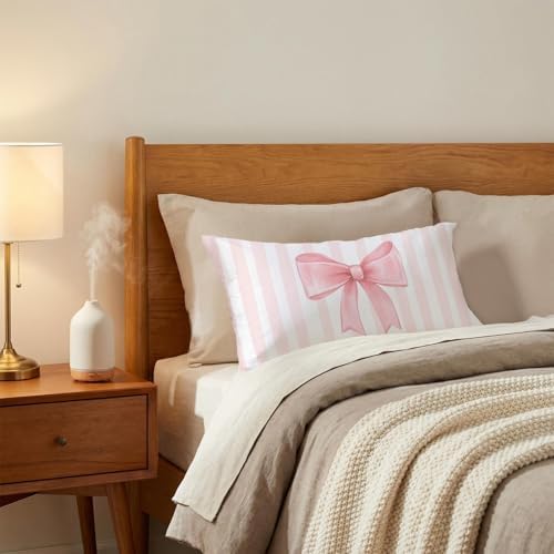 Coquette Pink Bow Pillow Covers 12x20, Coquette Room Decor, Preppy Pink Striped - Image 3