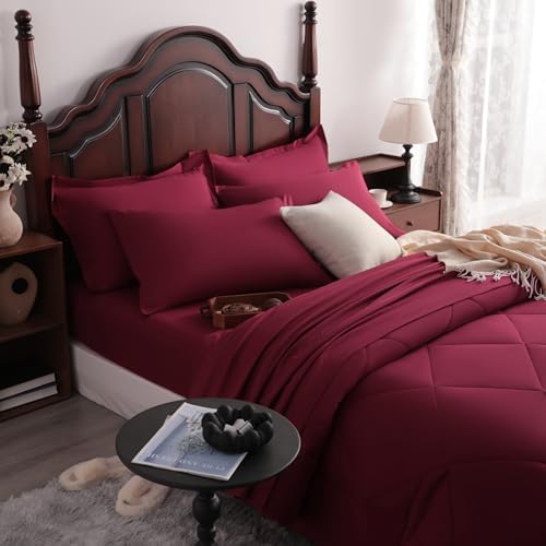 NTBAY Queen Microfiber Bed in a Bag, Comforter Set 7 Piece, Wine Red - Image 6