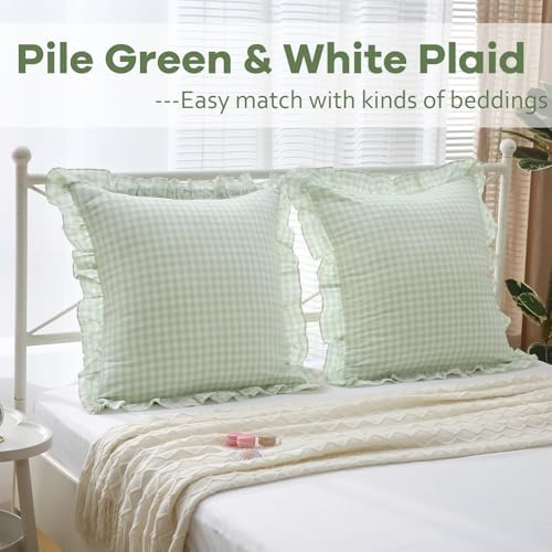 2 Pack Pile Green Gingham Euro Sham Pillow Covers 26''x26'' - Image 2