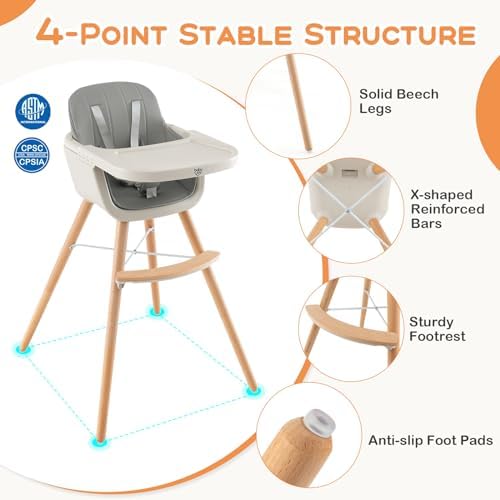 BABY JOY Convertible Baby High Chair, 3 in 1 Wooden Highchair/Booster/Chair - Image 5