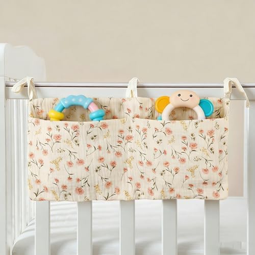 Baby Bedside Hanging Storage Bag Muslin Cotton Floral, Crib Diaper Caddy - Image 2