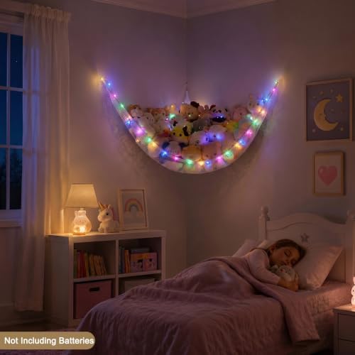 Stuffed Animals Hammock with LED Light Toy Net Room Decor Corner Storage - Image 3