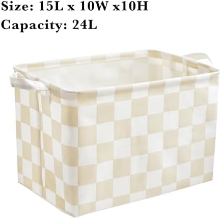 Ohocut Beige White Checkered Canvas Basket, Rectangular Organizing Decorative - Image 7
