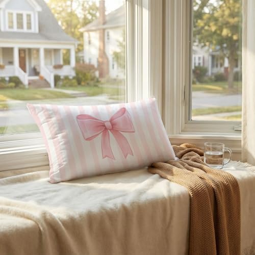 Coquette Pink Bow Pillow Covers 12x20, Coquette Room Decor, Preppy Pink Striped - Image 4