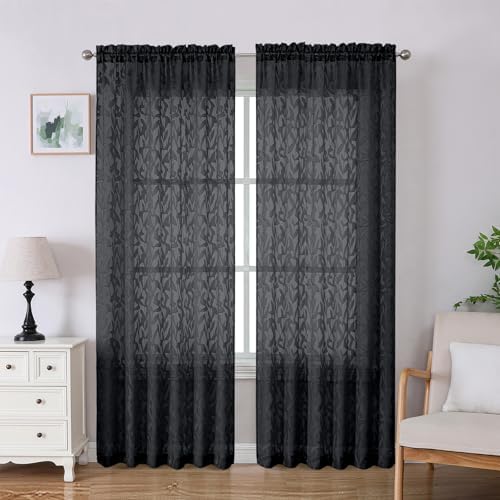 Lecloud Leia Black Sheer Curtains 84 Inches Long 2 Panels, Airy Leaf Textured by Lecloud