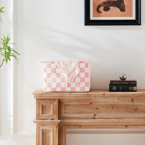 Ohocut Pink White Checkered Canvas Basket, Rectangular Organizing Decorative - Image 2