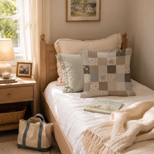 Neutral Farmhouse Floral Patchwork Throw Pillow Cover 18x18 - Image 4
