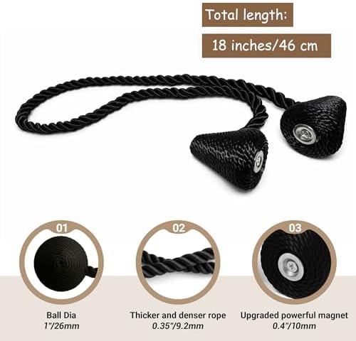 Hion Magnetic Curtain Tiebacks Black 2pcs, Curtain Holdbacks Hooks Holders - Image 2
