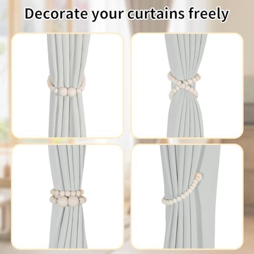 KLOGTSIND Magnetic Curtain Tiebacks, 4 Pack Wood Bead Curtain Holdbacks - Image 3