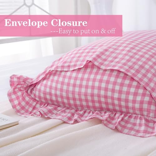 2 Pack Pink White Gingham Ruffle Pillow Shams King Size 20"x36" - Image 5
